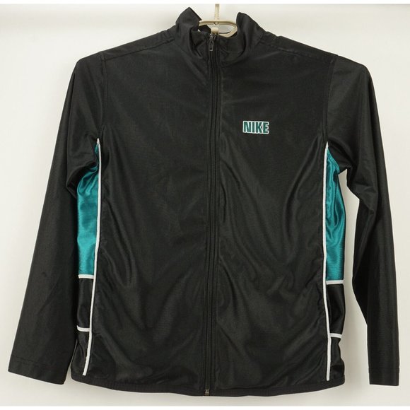 Vintage Nike Boys XL Fits Men Medium Satin Track Jacket Black Turquoise Full Zip